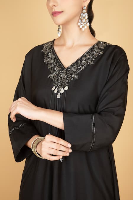 Shop_Tanu Malhotra_Black Cotton, Silk Beads V-neck Kaftaan And Pant Set _Online_at_Aza_Fashions