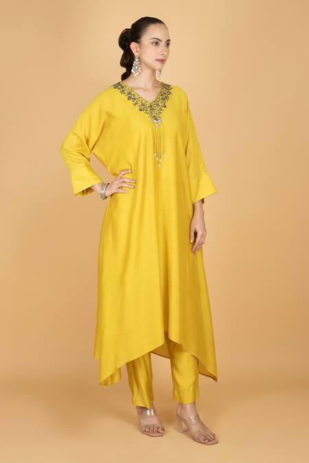 Shop Tanu Malhotra Lime Cotton, Silk Round Neck Yellow Kaftaan And Pant Set Online at Aza Fashions Shop_Tanu Malhotra_Lime Cotton, Silk Round Neck Yellow Kaftaan And Pant Set _Online_at_Aza_Fashions