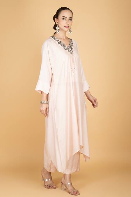 Shop_Tanu Malhotra_Ivory Cotton, Silk Beads, Embroidery V-neck Embellished Kaftaan And Pant Set _Online_at_Aza_Fashions