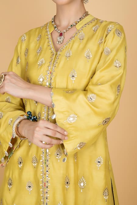 Tanu Malhotra_Yellow Cotton, Silk, Modal, Organza Embroidery Round Neck Lime Kurta Pant Set _Online_at_Aza_Fashions