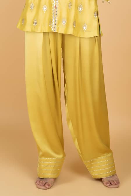 Buy_Tanu Malhotra_Yellow Cotton, Silk, Modal, Organza Embroidery Round Neck Lime Kurta Pant Set _Online_at_Aza_Fashions