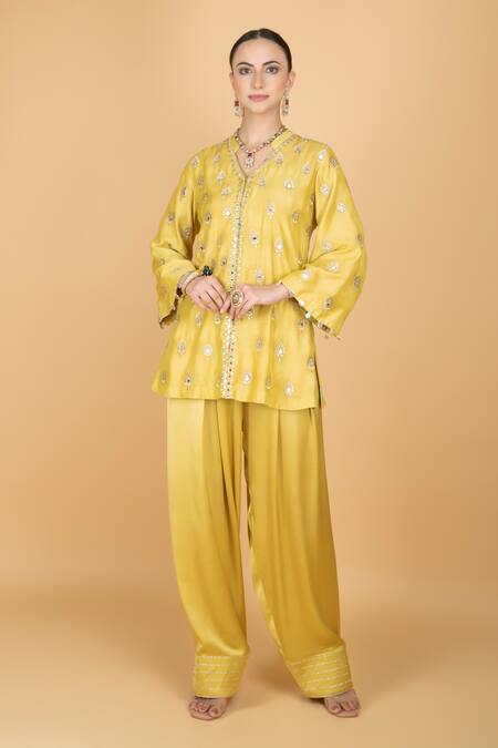Shop_Tanu Malhotra_Yellow Cotton, Silk, Modal, Organza Embroidery Round Neck Lime Kurta Pant Set _Online_at_Aza_Fashions
