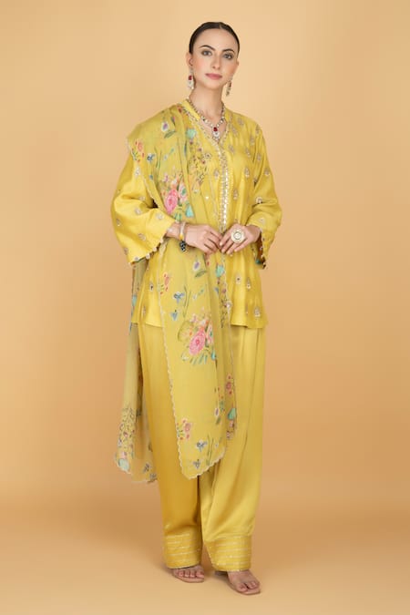 Buy_Tanu Malhotra_Yellow Cotton, Silk, Modal, Organza Embroidery Round Neck Lime Kurta Pant Set 