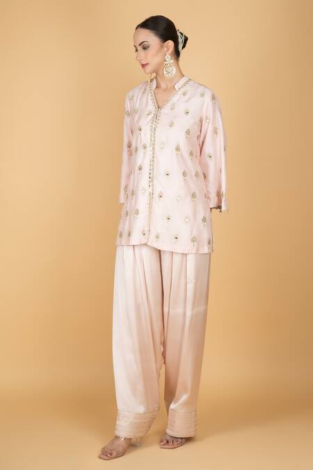 Buy_Tanu Malhotra_Pink Cotton, Silk, Modal, Organza Embroidery V-neck Designer Kurta Pant Set _Online_at_Aza_Fashions