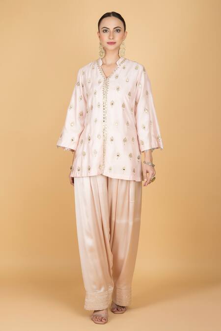 Shop_Tanu Malhotra_Pink Cotton, Silk, Modal, Organza Embroidery V-neck Designer Kurta Pant Set _Online_at_Aza_Fashions