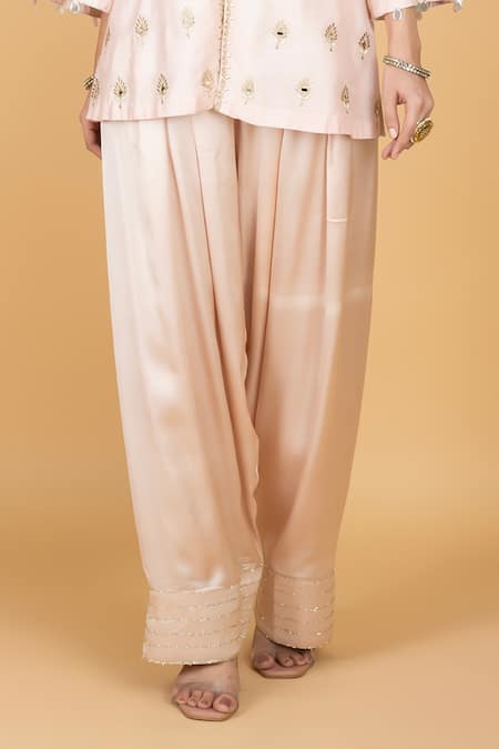 Buy_Tanu Malhotra_Pink Cotton, Silk, Modal, Organza Embroidery V-neck Designer Kurta Pant Set 