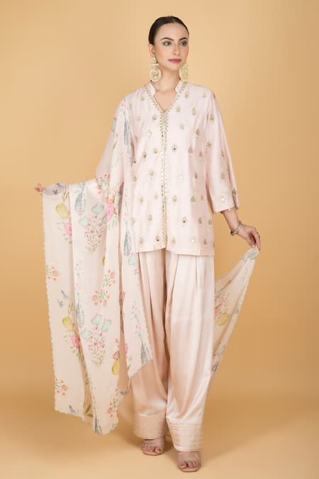 Tanu Malhotra Pink Cotton, Silk, Modal, Organza Embroidery V-neck Designer Kurta Pant Set 