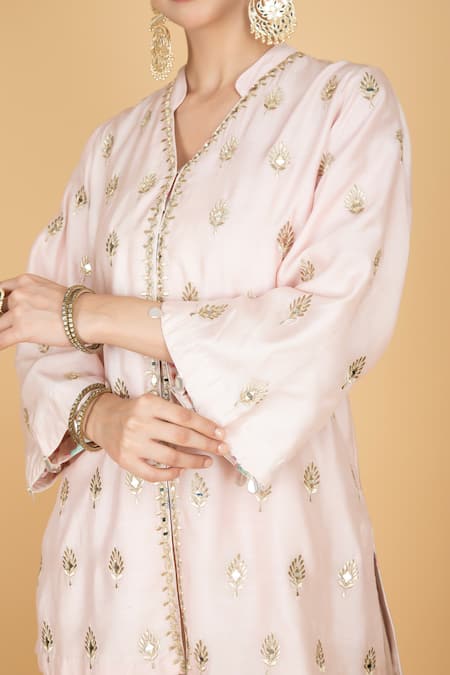 Shop_Tanu Malhotra_Pink Cotton, Silk, Modal, Organza Embroidery V-neck Designer Kurta Pant Set 