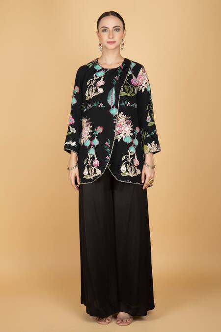 Tanu Malhotra_Black Cotton, Silk Embroidery, Sequins Round Neck Floral Overlay Top And Pant Set _Online_at_Aza_Fashions