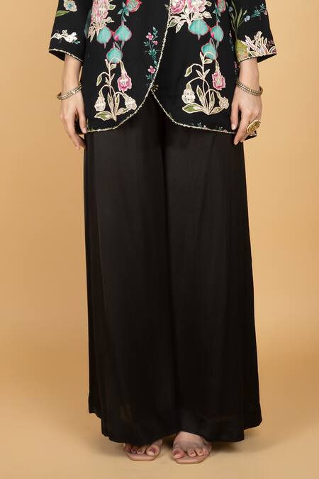Buy_Tanu Malhotra_Black Cotton, Silk Embroidery, Sequins Round Neck Floral Overlay Top And Pant Set _Online_at_Aza_Fashions