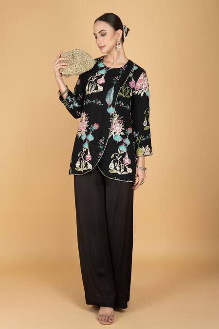 Shop_Tanu Malhotra_Black Cotton, Silk Embroidery, Sequins Round Neck Floral Overlay Top And Pant Set _Online_at_Aza_Fashions