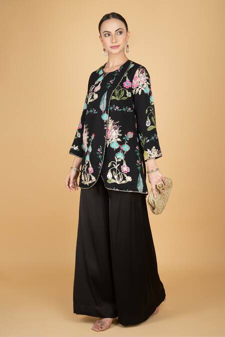 Tanu Malhotra_Black Cotton, Silk Embroidery, Sequins Round Neck Floral Overlay Top And Pant Set _at_Aza_Fashions