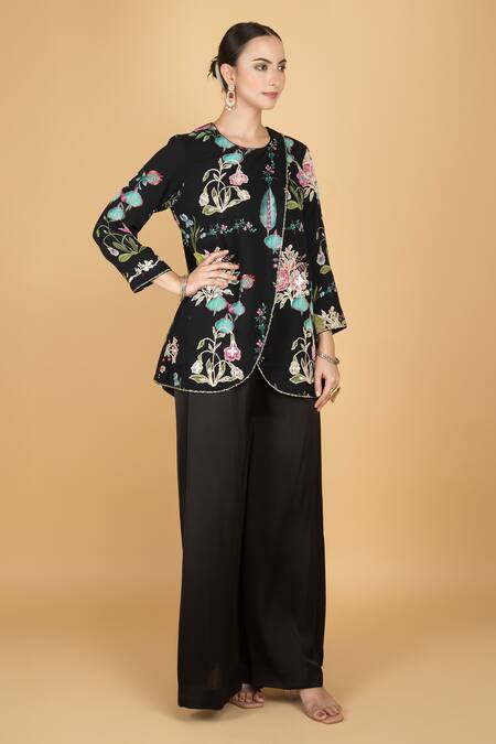 Buy_Tanu Malhotra_Black Cotton, Silk Embroidery, Sequins Round Neck Floral Overlay Top And Pant Set 