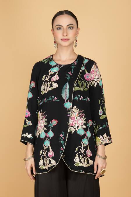 Shop_Tanu Malhotra_Black Cotton, Silk Embroidery, Sequins Round Neck Floral Overlay Top And Pant Set 