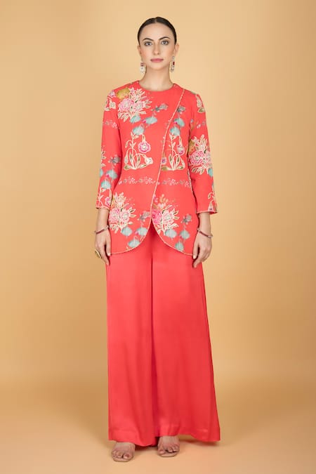 Tanu Malhotra Coral Georgette, Modal, Silk Embroidery Round Neck Pink Overlay Top And Pant Set 