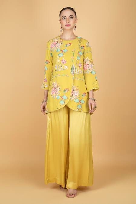 Tanu Malhotra_Lime Cotton, Silk Embroidery Round Neck Overlay Top And Pant Set _Online_at_Aza_Fashions