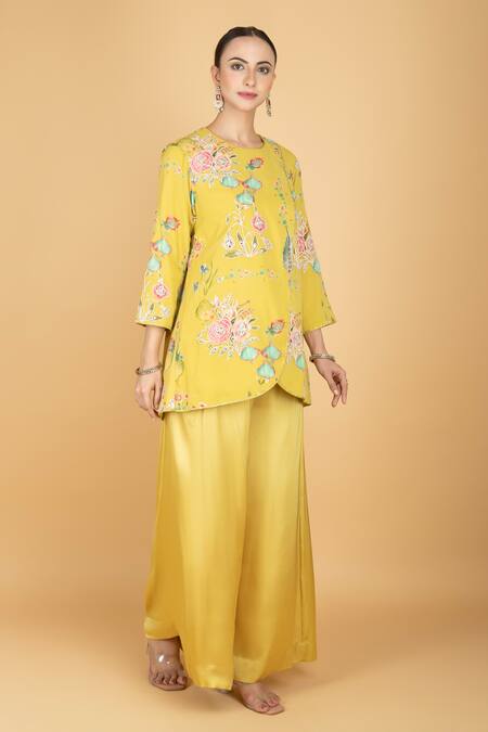 Buy_Tanu Malhotra_Lime Cotton, Silk Embroidery Round Neck Overlay Top And Pant Set _Online_at_Aza_Fashions