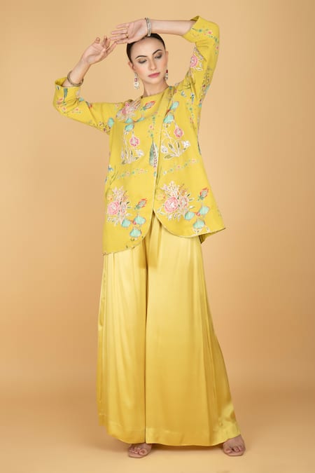 Shop_Tanu Malhotra_Lime Cotton, Silk Embroidery Round Neck Overlay Top And Pant Set _Online_at_Aza_Fashions