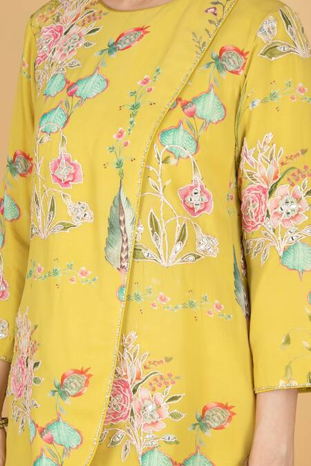 Tanu Malhotra_Lime Cotton, Silk Embroidery Round Neck Overlay Top And Pant Set _at_Aza_Fashions