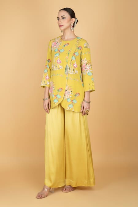 Tanu Malhotra Lime Georgette, Modal, Silk Embroidery Round Neck Overlay Top And Pant Set 