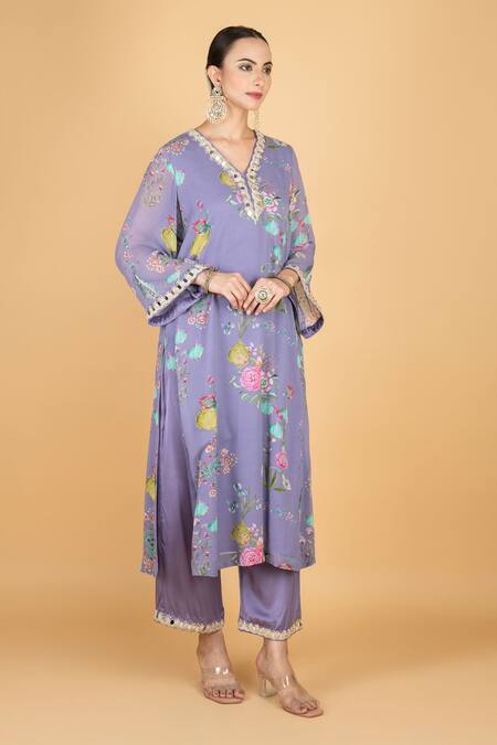 Tanu Malhotra_Purple Georgette, Modal, Silk, Organza Embroidery V-neck Floral Print Kurta Set_Online_at_Aza_Fashions