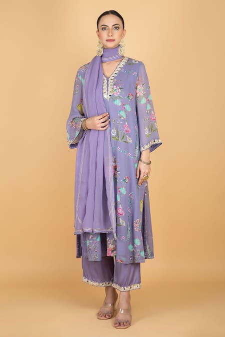 Tanu Malhotra Purple Georgette, Modal, Silk, Organza Embroidery V-neck Floral Print Kurta Set 