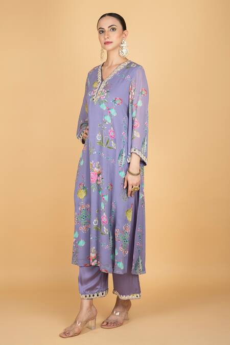 Tanu Malhotra_Purple Georgette, Modal, Silk, Organza Embroidery V-neck Floral Print Kurta Set_at_Aza_Fashions
