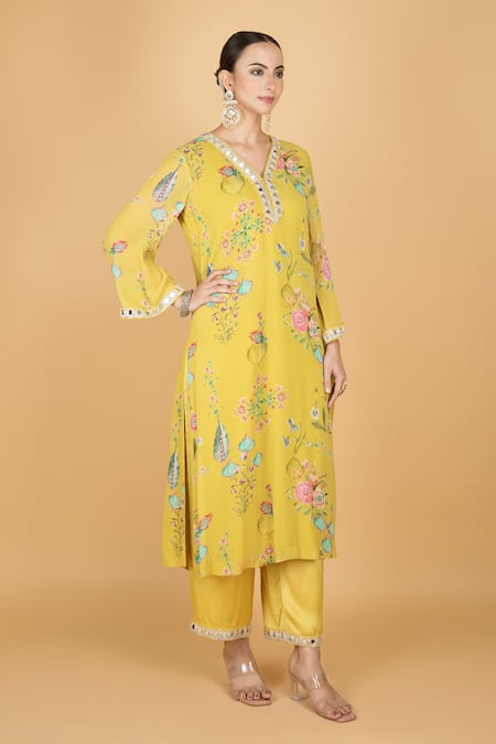 Shop_Tanu Malhotra_Lime Georgette, Modal, Silk, Organza Embroidery V-neck Floral Kurta Set _Online_at_Aza_Fashions