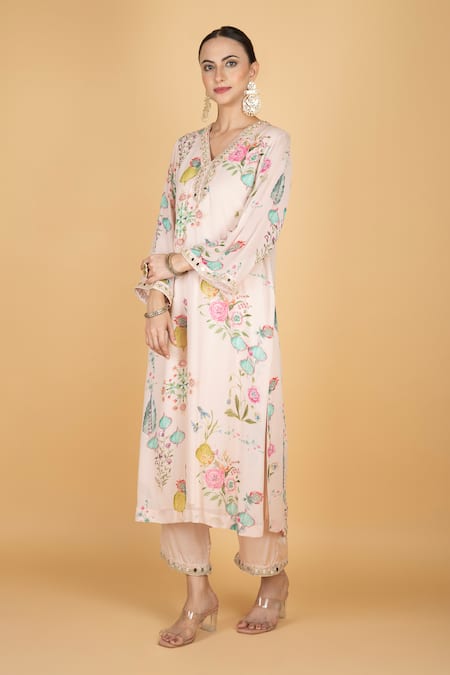 Tanu Malhotra_Pink Georgette, Modal, Silk, Organza Embroidery V-neck Floral Print Kurta Set _Online_at_Aza_Fashions