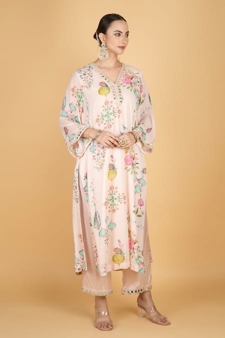 Buy_Tanu Malhotra_Pink Georgette, Modal, Silk, Organza Embroidery V-neck Floral Print Kurta Set _Online_at_Aza_Fashions