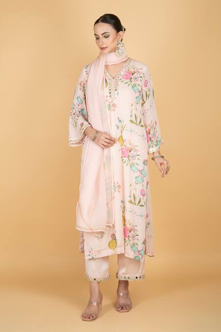 Shop_Tanu Malhotra_Pink Georgette, Modal, Silk, Organza Embroidery V-neck Floral Print Kurta Set _Online_at_Aza_Fashions
