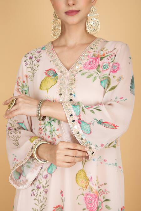 Buy_Tanu Malhotra_Pink Georgette, Modal, Silk, Organza Embroidery V-neck Floral Print Kurta Set 
