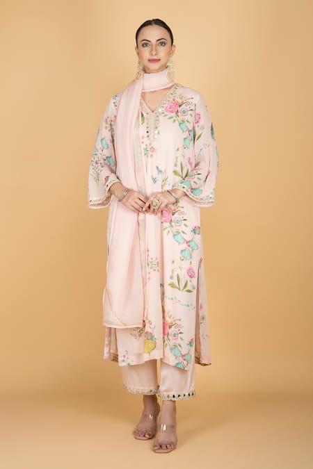 Tanu Malhotra Pink Georgette, Modal, Silk, Organza Embroidery V-neck Floral Print Kurta Set