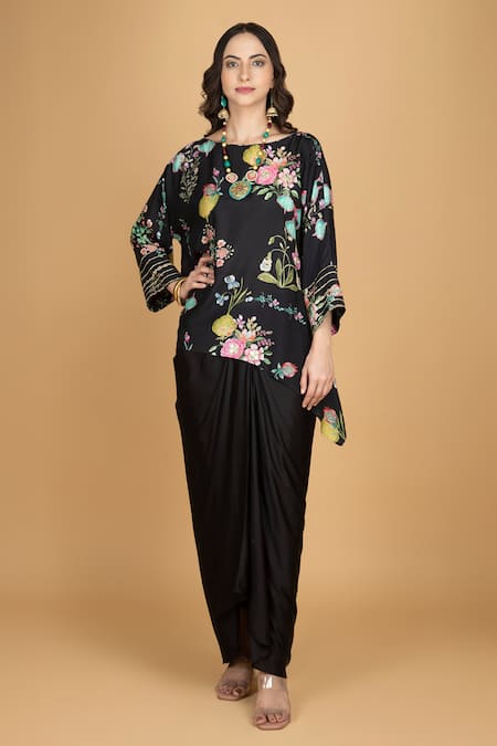 Tanu Malhotra Black Cotton, Silk, Modal Embroidery Round Neck Floral Print Top And Skirt 