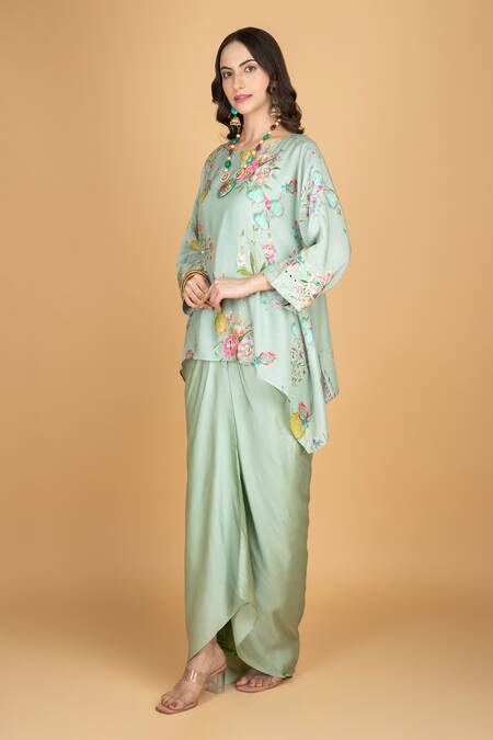 Buy Tanu Malhotra Green Cotton, Silk, Modal Embroidery Round Floral Print Top And Draped Skirt Online at Aza Fashions Buy_Tanu Malhotra_Green Cotton, Silk, Modal Embroidery Round Floral Print Top And Draped Skirt _Online_at_Aza_Fashions