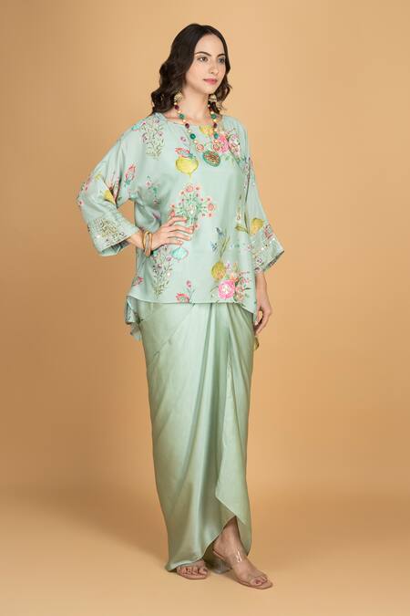 Shop Tanu Malhotra Green Cotton, Silk, Modal Embroidery Round Floral Print Top And Draped Skirt Online at Aza Fashions Shop_Tanu Malhotra_Green Cotton, Silk, Modal Embroidery Round Floral Print Top And Draped Skirt _Online_at_Aza_Fashions