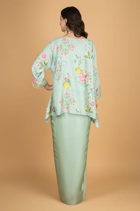 Shop Tanu Malhotra Green Cotton, Silk, Modal Embroidery Round Floral Print Top And Draped Skirt at Aza Fashions Shop_Tanu Malhotra_Green Cotton, Silk, Modal Embroidery Round Floral Print Top And Draped Skirt _at_Aza_Fashions