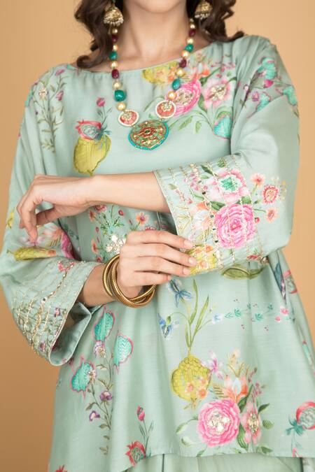 Tanu Malhotra Green Cotton, Silk, Modal Embroidery Round Floral Print Top And Draped Skirt at Aza Fashions Tanu Malhotra_Green Cotton, Silk, Modal Embroidery Round Floral Print Top And Draped Skirt _at_Aza_Fashions