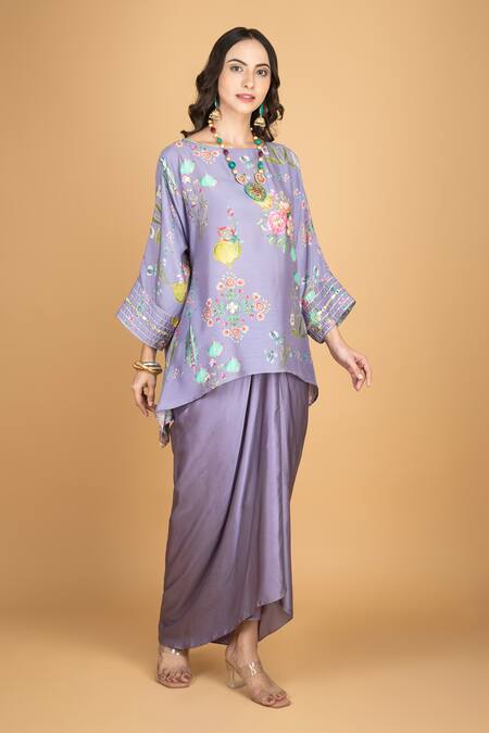 Shop Tanu Malhotra Purple Cotton, Silk, Modal Beads Round Floral Embroidered Top And Draped Skirt Online at Aza Fashions Shop_Tanu Malhotra_Purple Cotton, Silk, Modal Beads Round Floral Embroidered Top And Draped Skirt _Online_at_Aza_Fashions