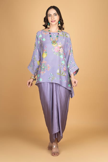 Tanu Malhotra Purple Cotton, Silk, Modal Beads Round Floral Embroidered Top And Draped Skirt 