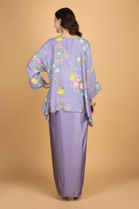 Tanu Malhotra Purple Floral Embroidered Top & Draped Skirt 