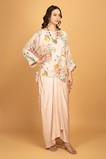 Tanu Malhotra Pink Cotton, Silk, Modal Beads, Sequins Round Floral Print Top And Drape Skirt Set Online at Aza Fashions Tanu Malhotra_Pink Cotton, Silk, Modal Beads, Sequins Round Floral Print Top And Drape Skirt Set _Online_at_Aza_Fashions