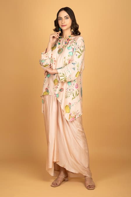 Buy Tanu Malhotra Pink Cotton, Silk, Modal Beads, Sequins Round Floral Print Top And Drape Skirt Set Online at Aza Fashions Buy_Tanu Malhotra_Pink Cotton, Silk, Modal Beads, Sequins Round Floral Print Top And Drape Skirt Set _Online_at_Aza_Fashions