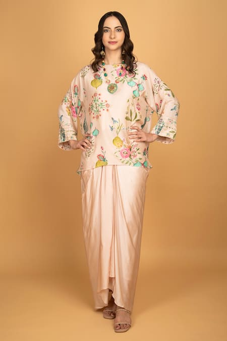 Tanu Malhotra Pink Cotton, Silk, Modal Beads, Sequins Round Floral Print Top And Drape Skirt Set 