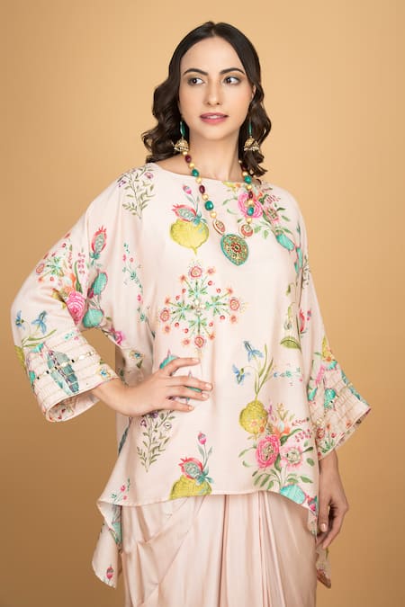 Shop Tanu Malhotra Pink Cotton, Silk, Modal Beads, Sequins Round Floral Print Top And Drape Skirt Set Online at Aza Fashions Shop_Tanu Malhotra_Pink Cotton, Silk, Modal Beads, Sequins Round Floral Print Top And Drape Skirt Set _Online_at_Aza_Fashions