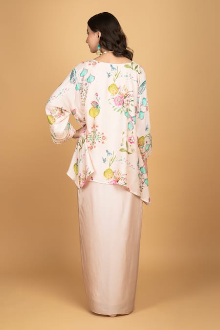 Shop Tanu Malhotra Pink Cotton, Silk, Modal Beads, Sequins Round Floral Print Top And Drape Skirt Set at Aza Fashions Shop_Tanu Malhotra_Pink Cotton, Silk, Modal Beads, Sequins Round Floral Print Top And Drape Skirt Set _at_Aza_Fashions