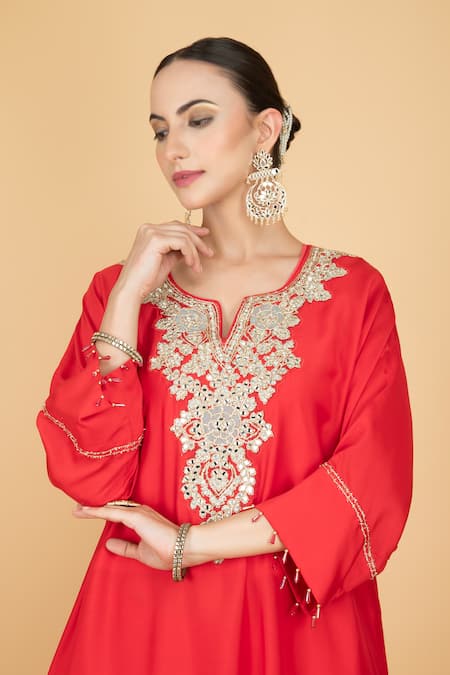 Shop_Tanu Malhotra_Red Cotton, Silk Embroidery Round Neck Kaftaan And Pant Set _Online_at_Aza_Fashions