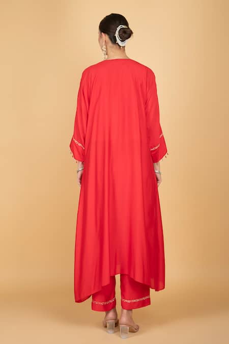 Tanu Malhotra Embroidered Red Kaftaan & Pant Set 