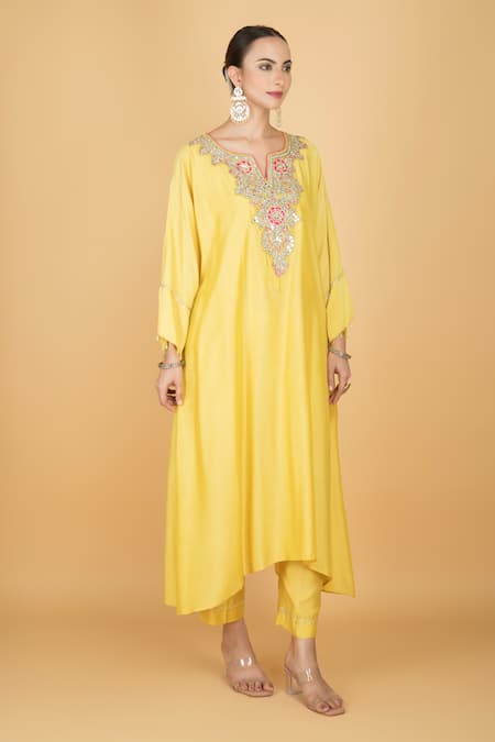 Tanu Malhotra_Yellow Cotton, Silk Embroidery Split V-neck Lime Kaftaan And Pant Set _Online_at_Aza_Fashions