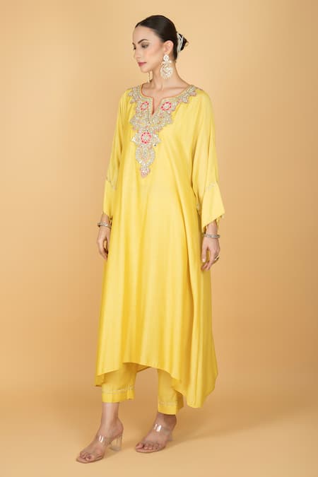 Buy_Tanu Malhotra_Yellow Cotton, Silk Embroidery Split V-neck Lime Kaftaan And Pant Set _Online_at_Aza_Fashions